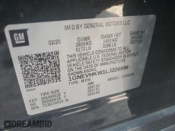 ✅ 2020 Chevrolet Traverse LT • VIN: 1GNEVHKW1LJ226996 • Lot: 73079534. Wystawiony na Copart z przebiegiem 63 927 mil. Bezpłatny archiwum sprzedaży aukcyjnych z USA i szczegółowy raport historii pojazdu na DreamBid. Zdjęcie 13.