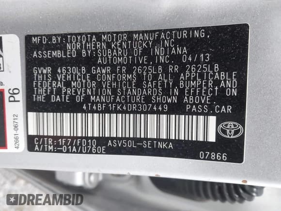 ✅ 2013 Toyota Camry LE • VIN: 4T4BF1FK4DR307449 • Lot: 43576075. Listed on IAAI with 206,176 mi. Free auction sales archive from the USA and detailed vehicle history report at DreamBid. Image 9.