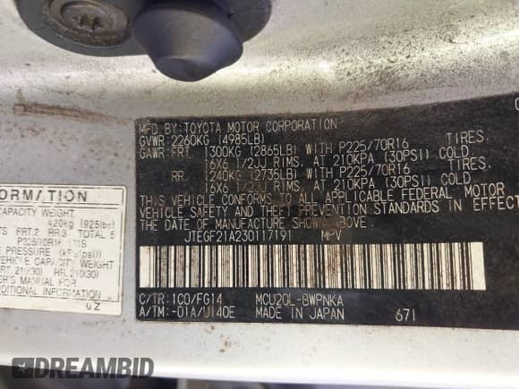 2003 Toyota Highlander z VIN JTEGF21A230117191, wystawiony jako IAAI lot #43294343 z przebiegiem 301 224 mil mil oraz . Historia ofert i sprzedaży dostępna na DreamBid. Obrazek 9.