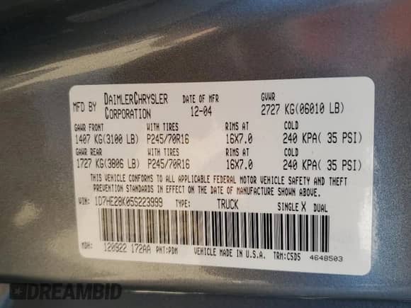 2005 Dodge Dakota ST с VIN 1D7HE28K05S223999, выставлен на аукционе Copart как лот 54133785 с пробегом 212 687 миль миль и Чистый • Clean title. История ставок и продаж доступна на DreamBid. Изображение 12.