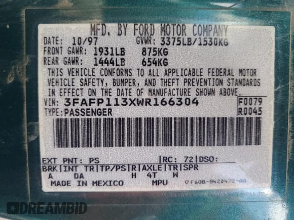 ✅ 1998 Ford Escort ZX2 • VIN: 3FAFP113XWR166304 • Лот: 55238655. Опубликован ранее на Copart с пробегом 257 668 миль. Бесплатный доступ к архиву аукционных продаж из США и подробный отчёт об истории автомобиля на DreamBid. Изображение 13.