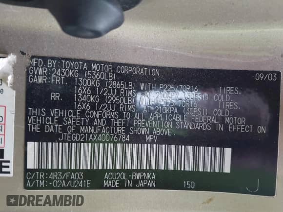 2004 Toyota Highlander с VIN JTEGD21AX40076784, выставлен на аукционе IAAI как лот 43443575 с пробегом 158 028 миль миль и . История ставок и продаж доступна на DreamBid. Изображение 9.