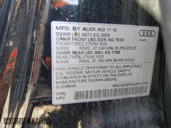 ✅ 2019 Audi Q8 Premium • VIN: WA1AVAF14KD017045 • Lot: 54085185. Listed on Copart with 78,342 mi. Free auction sales archive from the USA and detailed vehicle history report at DreamBid. Image 13.