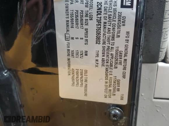 2007 Chevrolet Equinox LT с VIN 2CNDL73F676060802, выставлен на аукционе Copart как лот 77814614 с пробегом 182 496 миль миль и Списание • Salvage title. История ставок и продаж доступна на DreamBid. Изображение 13.