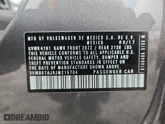 ✅ 2018 Volkswagen Jetta SE • VIN: 3VWB67AJ9JM215704 • Lot: 67217985. Listed on Copart with 67,183 mi. Free auction sales archive from the USA and detailed vehicle history report at DreamBid. Image 12.