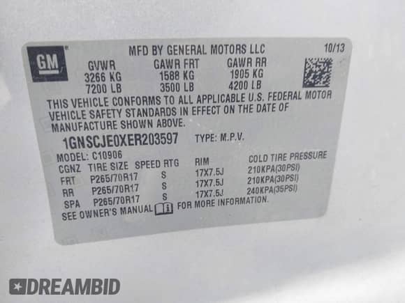 2014 Chevrolet Suburban LT z VIN 1GNSCJE0XER203597, wystawiony jako IAAI lot #42215407 z przebiegiem 186 556 mil mil oraz . Historia ofert i sprzedaży dostępna na DreamBid. Obrazek 9.