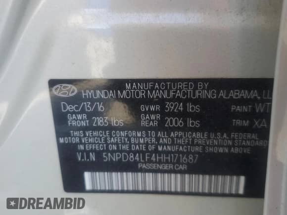 2017 Hyundai Elantra Value Edition with VIN 5NPD84LF4HH171687, listed as a Copart auction lot 83950815 with 60,314 mi miles and Salvage title. Bid and sale history available at DreamBid. Image 13.