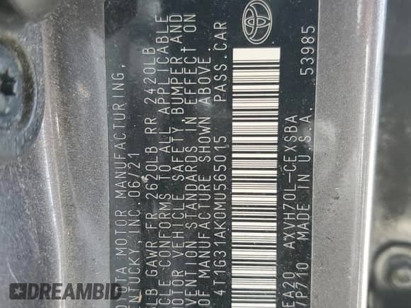 2021 Toyota Camry Hybrid SE с VIN 4T1G31AK0MU565015, выставлен на аукционе Copart как лот 84429265 с пробегом 226 175 миль миль и Чистый • Clean title. История ставок и продаж доступна на DreamBid. Изображение 12.