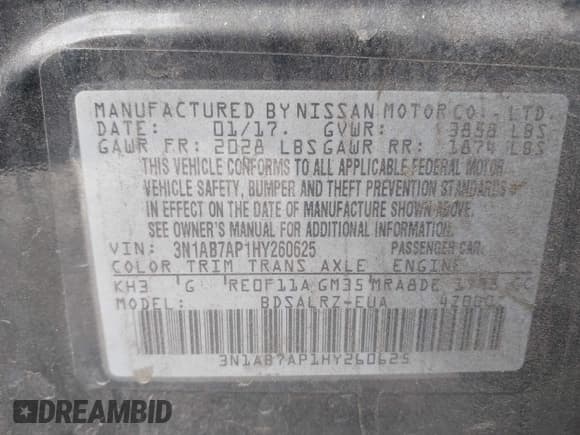 ✅ 2017 Nissan Sentra SV • VIN: 3N1AB7AP1HY260625 • Lot: 43442520. Wystawiony na IAAI z przebiegiem 258 429 mil. Bezpłatny archiwum sprzedaży aukcyjnych z USA i szczegółowy raport historii pojazdu na DreamBid. Zdjęcie 9.