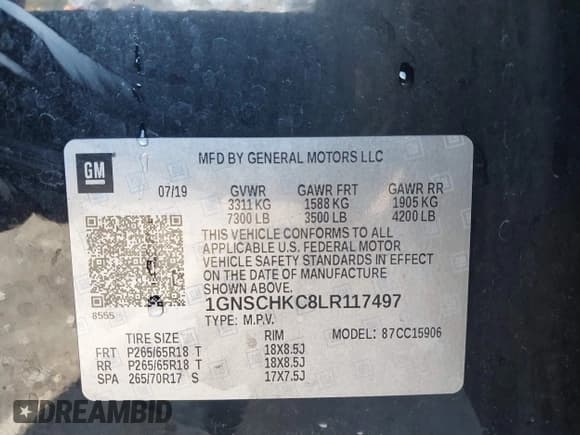 ✅ 2020 Chevrolet Suburban LT • VIN: 1GNSCHKC8LR117497 • Lot: 43092124. Wystawiony na IAAI z przebiegiem 59 482 mil. Bezpłatny archiwum sprzedaży aukcyjnych z USA i szczegółowy raport historii pojazdu na DreamBid. Zdjęcie 9.