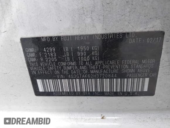 ✅ 2017 Subaru Impreza Special Sports • VIN: 4S3GTAK62H3720844 • Lot: 42729728. Listed on IAAI with 65,926 mi. Free auction sales archive from the USA and detailed vehicle history report at DreamBid. Image 9.