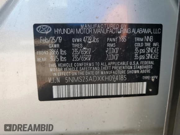 ✅ 2019 Hyundai Santa Fe SE • VIN: 5NMS23ADXKH094185 • Lot: 70083993. Wystawiony na Copart z przebiegiem 44 632 mil. Bezpłatny archiwum sprzedaży aukcyjnych z USA i szczegółowy raport historii pojazdu na DreamBid. Zdjęcie 12.