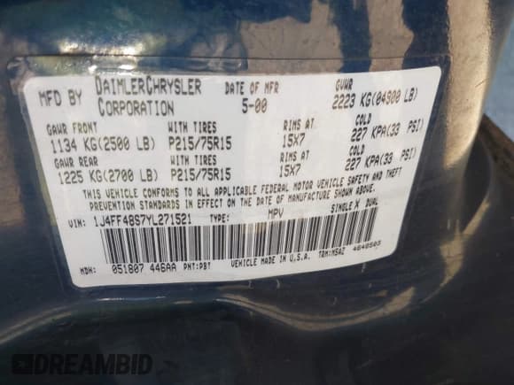 ✅ 2000 Jeep Cherokee • VIN: 1J4FF48S7YL271521 • Lot: 43825839. Listed on IAAI with 185,454 mi. Free auction sales archive from the USA and detailed vehicle history report at DreamBid. Image 9.