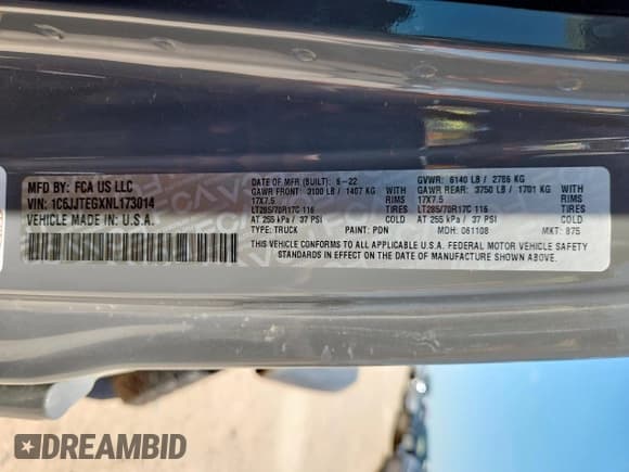 ✅ 2022 Jeep Gladiator Mojave • VIN: 1C6JJTEGXNL173014 • Lot: 63791905. Listed on Copart with 30,960 mi. Free auction sales archive from the USA and detailed vehicle history report at DreamBid. Image 13.