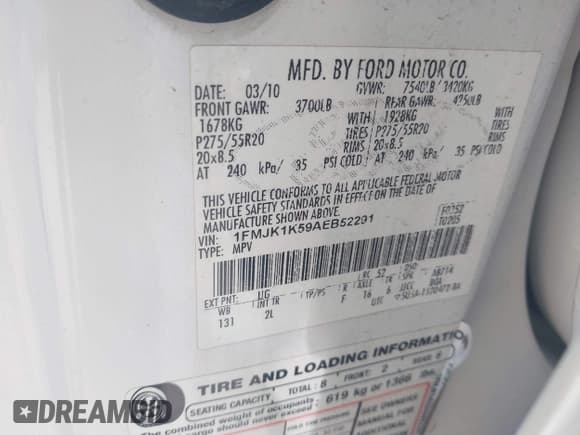 ✅ 2010 Ford Expedition Max Limited • VIN: 1FMJK1K59AEB52291 • Lot: 43109837. Listed on IAAI with 224,729 mi. Free auction sales archive from the USA and detailed vehicle history report at DreamBid. Image 9.