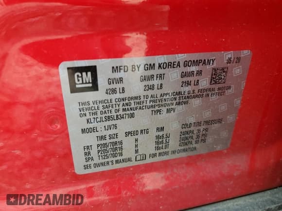 ✅ 2020 Chevrolet Trax LT • VIN: KL7CJLSB5LB347100 • Lot: 54369085. Wystawiony na Copart z przebiegiem 44 443 mil. Bezpłatny archiwum sprzedaży aukcyjnych z USA i szczegółowy raport historii pojazdu na DreamBid. Zdjęcie 13.