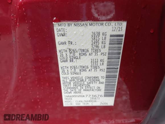 2016 Nissan Frontier SV with VIN 1N6AD0EV0GN723676, listed as a IAAI auction lot 43140977 with 172,550 mi miles and . Bid and sale history available at DreamBid. Image 9.