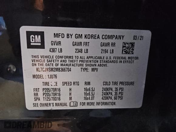 ✅ 2021 Chevrolet Trax LS • VIN: KL7CJNSM2MB366704 • Lot: 89475485. Listed on Copart with 84,670 mi. Free auction sales archive from the USA and detailed vehicle history report at DreamBid. Image 13.