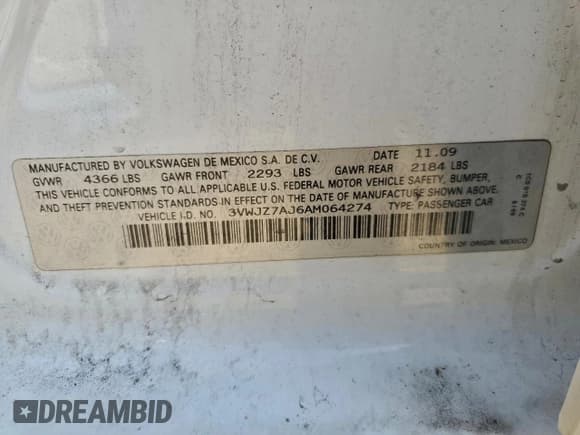 ✅ 2010 Volkswagen Jetta S • VIN: 3VWJZ7AJ6AM064274 • Lot: 94191905. Listed on Copart with 66,910 mi. Free auction sales archive from the USA and detailed vehicle history report at DreamBid. Image 12.