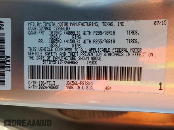 ✅ 2015 Toyota Tundra SR5 • VIN: 5TFDY5F17FX484062 • Lot: 68959475. Listed on Copart with 136,562 mi. Free auction sales archive from the USA and detailed vehicle history report at DreamBid. Image 12.