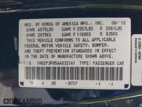 ✅ 2010 Honda Accord EX-L • VIN: 1HGCP3F85AA032141 • Lot: 43151976. Wystawiony na IAAI z przebiegiem 158 904 mil. Bezpłatny archiwum sprzedaży aukcyjnych z USA i szczegółowy raport historii pojazdu na DreamBid. Zdjęcie 9.
