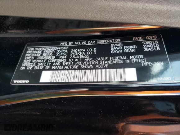 ✅ 2013 Volvo XC60 T6 • VIN: YV4902DZ2D2441387 • Lot: 69043705. Listed on Copart with 127,820 mi. Free auction sales archive from the USA and detailed vehicle history report at DreamBid. Image 13.