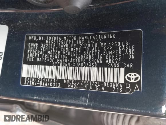 ✅ 2018 Toyota Corolla SE • VIN: 5YFBURHEXJP837458 • Lot: 43258690. Listed on IAAI with 128,101 mi. Free auction sales archive from the USA and detailed vehicle history report at DreamBid. Image 9.