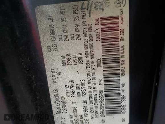 2007 Dodge Dakota ST with VIN 1D7HW28P97S265308, listed as a Copart auction lot 62699045 with Not provided miles and Non repairable. Bid and sale history available at DreamBid. Image 12.