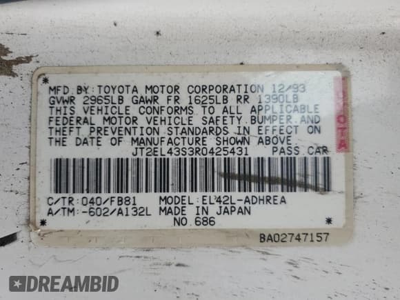 ✅ 1994 Toyota Tercel DX • VIN: JT2EL43S3R0425431 • Лот: 47862245. Опубликован ранее на Copart с пробегом 98 743 миль. Бесплатный доступ к архиву аукционных продаж из США и подробный отчёт об истории автомобиля на DreamBid. Изображение 12.