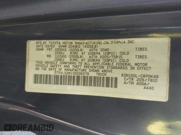 ✅ 2003 Toyota Tacoma • VIN: 5TEVL52N13Z226278 • Lot: 43800077. Listed on IAAI with 196,180 mi. Free auction sales archive from the USA and detailed vehicle history report at DreamBid. Image 9.