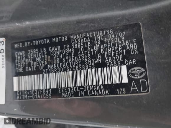 ✅ 2007 Toyota Corolla CE • VIN: 2T1BR30E67C838853 • Lot: 43309435. Listed on IAAI with 224,842 mi. Free auction sales archive from the USA and detailed vehicle history report at DreamBid. Image 9.