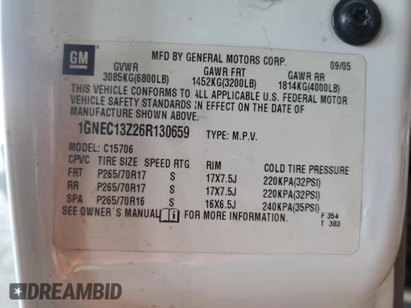 ✅ 2006 Chevrolet Tahoe LT • VIN: 1GNEC13Z26R130659 • Lot: 59989895. Listed on Copart with 279,937 mi. Free auction sales archive from the USA and detailed vehicle history report at DreamBid. Image 13.