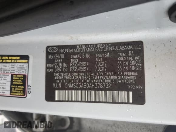 ✅ 2010 Hyundai Santa Fe GLS • VIN: 5NMSG3AB0AH378732 • Lot: 73220904. Listed on Copart with 127,558 mi. Free auction sales archive from the USA and detailed vehicle history report at DreamBid. Image 14.