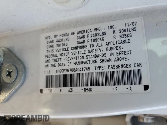 ✅ 2008 Honda Accord EX • VIN: 1HGCP26708A041745 • Лот: 71004205. Опубликован ранее на Copart с пробегом Не указан. Бесплатный доступ к архиву аукционных продаж из США и подробный отчёт об истории автомобиля на DreamBid. Изображение 13.