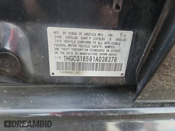 2001 Honda Accord EX z VIN 1HGCG16591A036378, wystawiony jako Copart lot #90289725 z przebiegiem Nie podano mil oraz Szkoda całkowita • Salvage title. Historia ofert i sprzedaży dostępna na DreamBid. Obrazek 12.