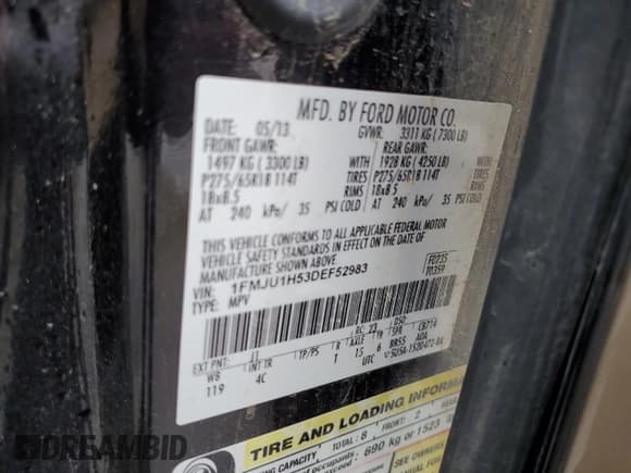 ✅ 2013 Ford Expedition XLT • VIN: 1FMJU1H53DEF52983 • Lot: 83985425. Listed on Copart with 131,086 mi. Free auction sales archive from the USA and detailed vehicle history report at DreamBid. Image 13.