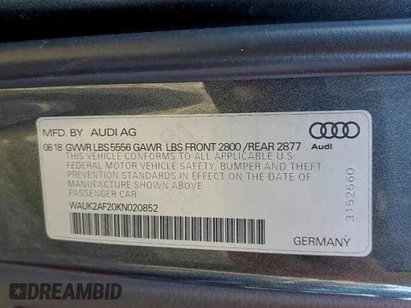 ✅ 2019 Audi A6 Premium • VIN: WAUK2AF20KN020852 • Лот: 93968795. Опубликован ранее на Copart с пробегом Не указан. Бесплатный доступ к архиву аукционных продаж из США и подробный отчёт об истории автомобиля на DreamBid. Изображение 12.