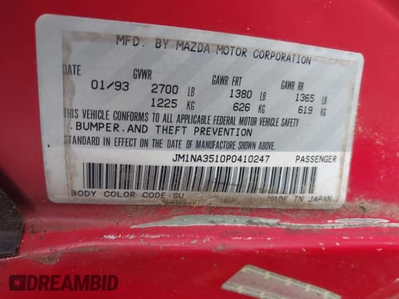 ✅ 1993 Mazda MX-5 Miata • VIN: JM1NA3510P0410247 • Lot: 43058813. Wystawiony na IAAI z przebiegiem 176 785 mil. Bezpłatny archiwum sprzedaży aukcyjnych z USA i szczegółowy raport historii pojazdu na DreamBid. Zdjęcie 9.