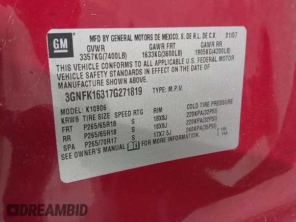 ✅ 2007 Chevrolet Suburban LT • VIN: 3GNFK16317G271819 • Lot: 42352109. Listed on IAAI with 258,410 mi. Free auction sales archive from the USA and detailed vehicle history report at DreamBid. Image 9.