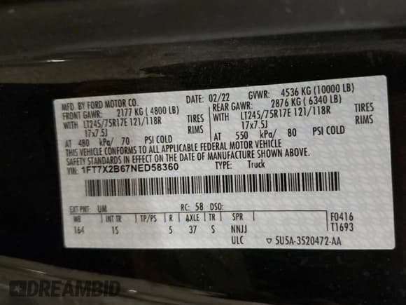 ✅ 2022 Ford F-250 XL • VIN: 1FT7X2B67NED58360 • Lot: 54734775. Listed on Copart with 69,872 mi. Free auction sales archive from the USA and detailed vehicle history report at DreamBid. Image 12.