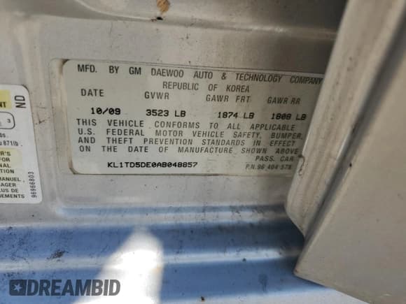 ✅ 2010 Chevrolet Aveo 1LT • VIN: KL1TD5DE0AB048857 • Lot: 50164665. Wystawiony na Copart z przebiegiem 62 811 mil. Bezpłatny archiwum sprzedaży aukcyjnych z USA i szczegółowy raport historii pojazdu na DreamBid. Zdjęcie 12.