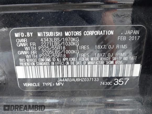 ✅ 2017 Mitsubishi Outlander ES • VIN: JA4AR3AU6HZ037133 • Lot: 42611143. Listed on IAAI with 127,022 mi. Free auction sales archive from the USA and detailed vehicle history report at DreamBid. Image 9.