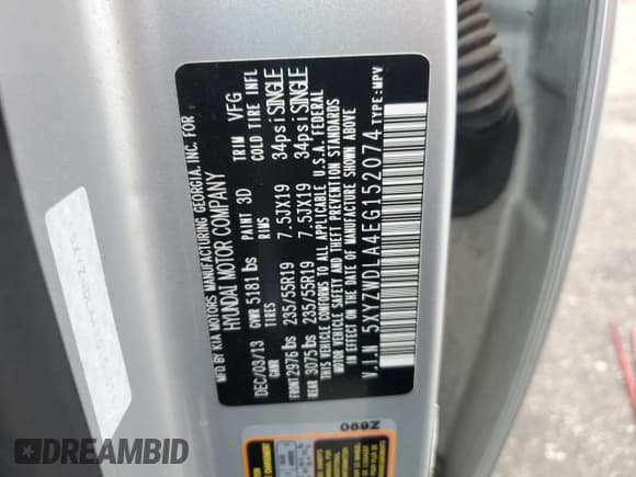 ✅ 2014 Hyundai Santa Fe • VIN: 5XYZWDLA4EG152074 • Лот: 86799045. Опубликован ранее на Copart с пробегом 129 889 миль. Бесплатный доступ к архиву аукционных продаж из США и подробный отчёт об истории автомобиля на DreamBid. Изображение 13.