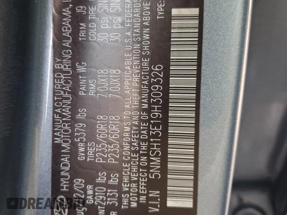 ✅ 2009 Hyundai Santa Fe Limited • VIN: 5NMSH13E19H309326 • Lot: 87192174. Listed on Copart with 125,818 mi. Free auction sales archive from the USA and detailed vehicle history report at DreamBid. Image 13.