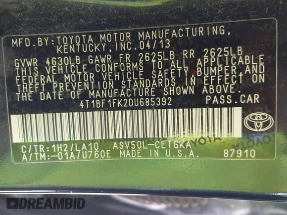 2013 Toyota Camry L with VIN 4T1BF1FK2DU685392, listed as a IAAI auction lot 42550254 with 178,100 mi miles and . Bid and sale history available at DreamBid. Image 9.