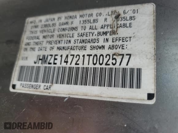 ✅ 2001 Honda Insight • VIN: JHMZE14721T002577 • Lot: 84957125. Listed on Copart with 208,749 mi. Free auction sales archive from the USA and detailed vehicle history report at DreamBid. Image 12.