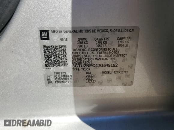 ✅ 2018 GMC Sierra 1500 SLT • VIN: 3GTU2NEC4JG549192 • Лот: 82401365. Опубликован ранее на Copart с пробегом 152 196 миль. Бесплатный доступ к архиву аукционных продаж из США и подробный отчёт об истории автомобиля на DreamBid. Изображение 12.