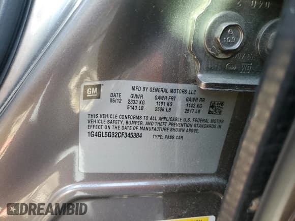 ✅ 2012 Buick LaCrosse • VIN: 1G4GL5G32CF345384 • Lot: 62379005. Wystawiony na Copart z przebiegiem 265 451 mil. Bezpłatny archiwum sprzedaży aukcyjnych z USA i szczegółowy raport historii pojazdu na DreamBid. Zdjęcie 12.