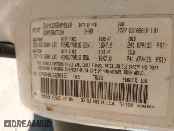 2003 Dodge Dakota SLT with VIN 1D7HG48N73S290192, listed as a IAAI auction lot 43359609 with 217,000 mi miles and . Bid and sale history available at DreamBid. Image 9.