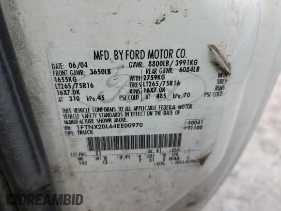 ✅ 2004 Ford F-250 XL • VIN: 1FTNX20L64EE00970 • Lot: 81579374. Listed on Copart with Not provided. Free auction sales archive from the USA and detailed vehicle history report at DreamBid. Image 12.